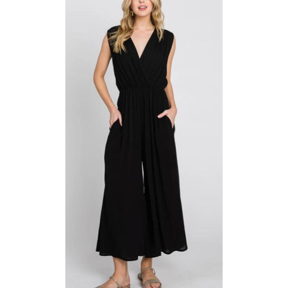 Final Touch Wide Leg Jumpsuit Women Medium Black Tie Back Boho Flowy Pocket